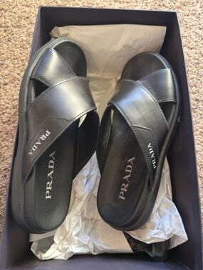 Prada Black Leather Crisscross Slide Sandals